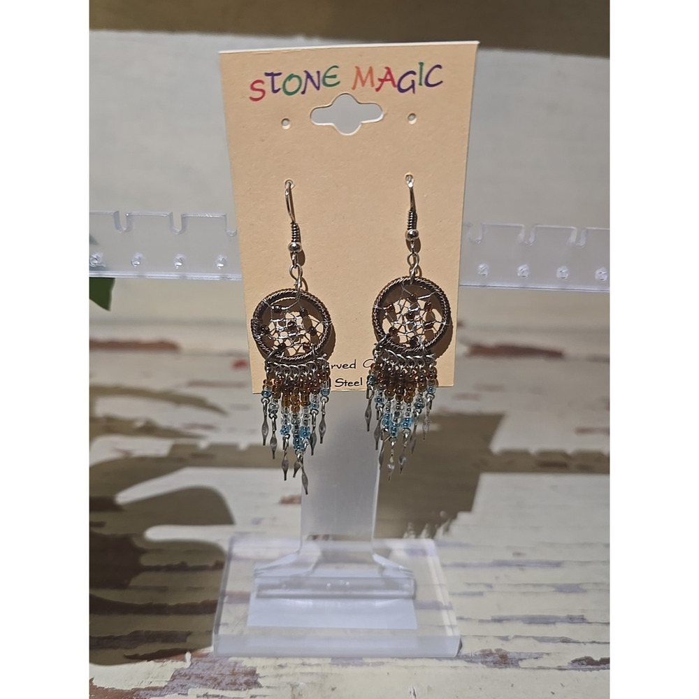 NEW Vtg Stone‎ Magic Dream Catcher Beaded Boho Fashion Jewelry Dangle Earrings